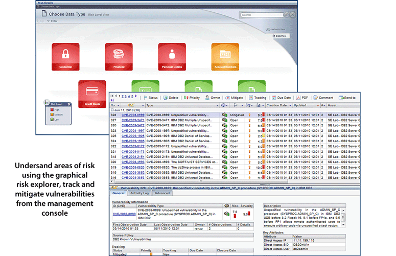 Understand areas of risk using the graphical risk explorer, track and mitigate vulnerabilities from the management console
